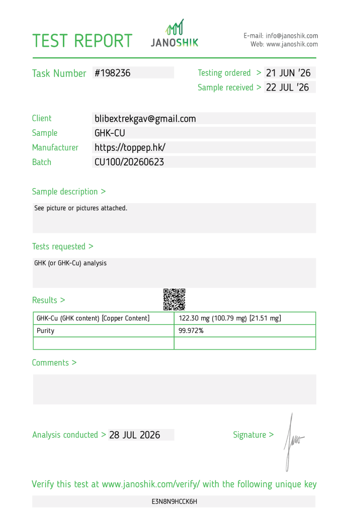 Laboratory peptide purity certification sheet